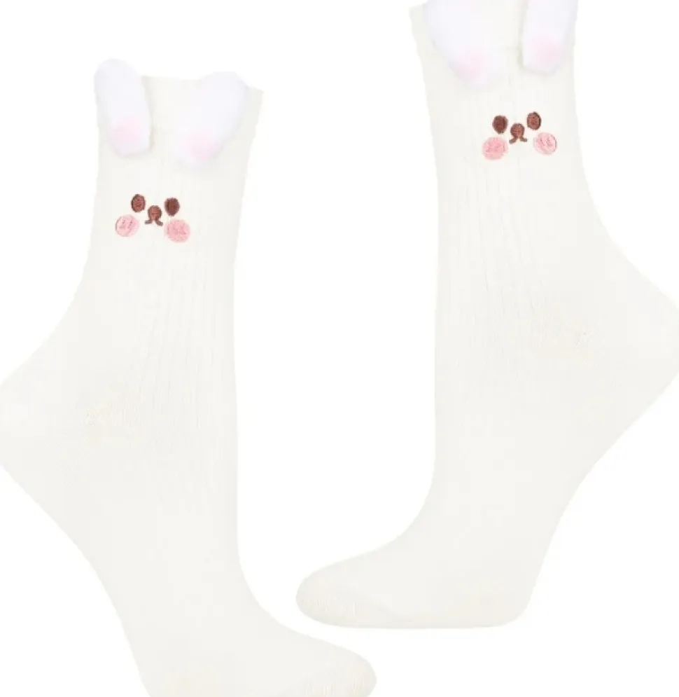 Damen lange Baumwollsocken mit Kaninchenmotiv, cremefarben