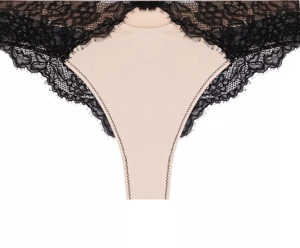 Damen-Brazilian-Höschen, beige mit schwarzer Spitze