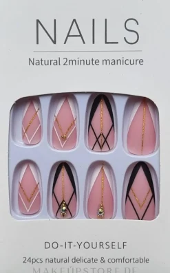 Falsche Nägel schwarz und weiß mit goldenen Akzenten 24 St.