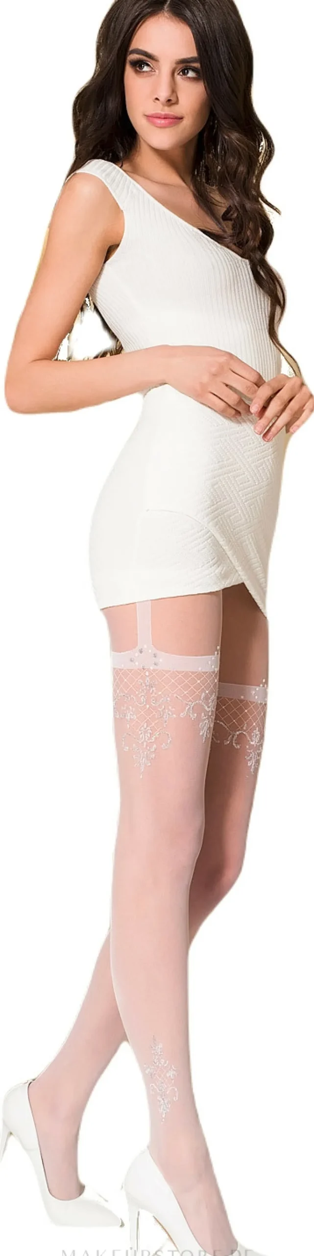 Gemusterte Strumpfhose in Strapsstrumpf-Optik TI108 20 Den bianco