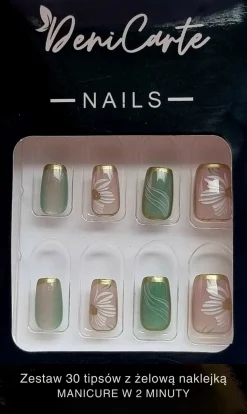 Künstliche Nägel, quadratisch, aquamarin mit Verzierungen, 30 Stk.