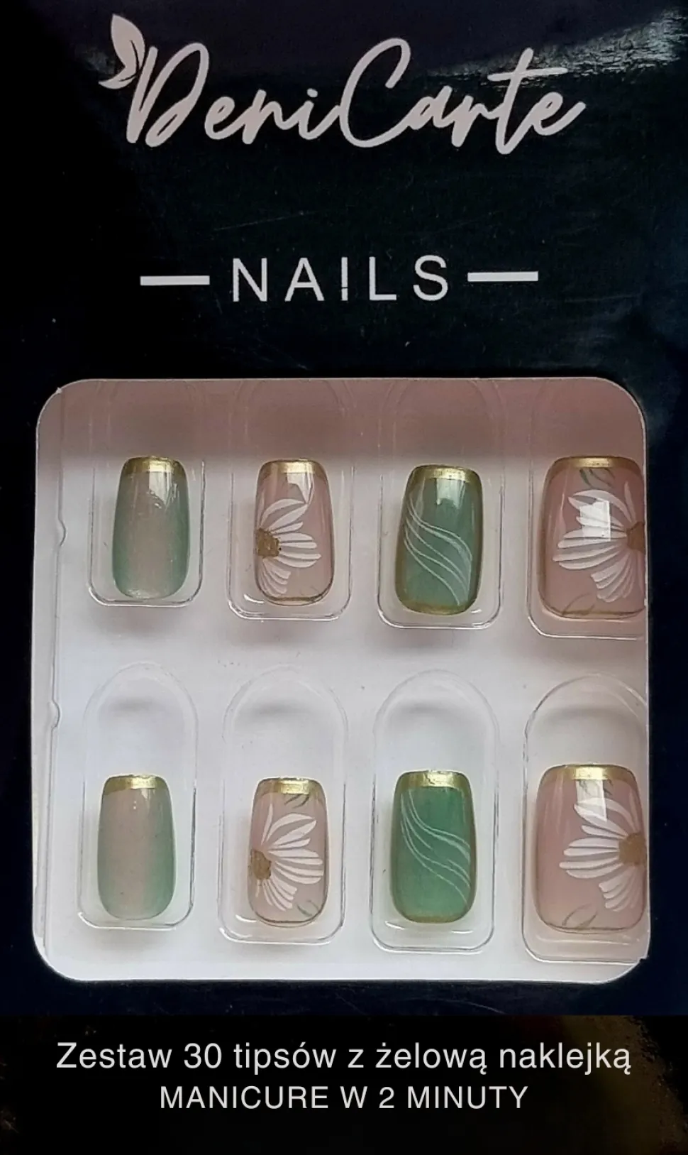 Künstliche Nägel, quadratisch, aquamarin mit Verzierungen, 30 Stk.