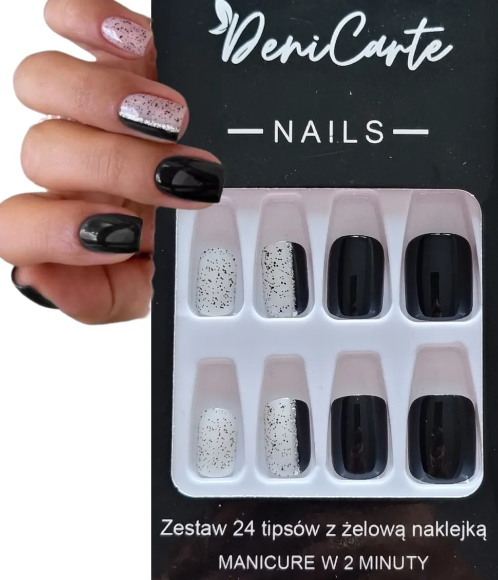 Künstliche Nägel, quadratisch, weiß-schwarz, 24 Stk.