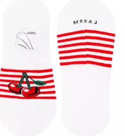 Kurze Damensocken mit Streifen, CDB200-136, weiß mit Kirschen