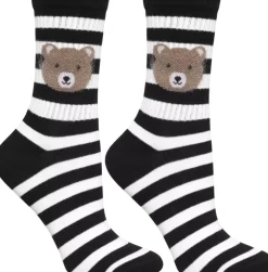Lange Damen-Socken Bär Teddy, CSL250-938, schwarz mit dünnen Streifen