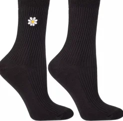 Lange Damensocken mit Gänseblümchenstickerei, CSL250-149, schwarz